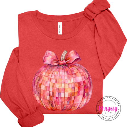 heather red colored top with a hand-illustrated disco pumpkin graphic design.