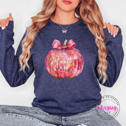 Heather Navy long sleeve tee with the disco ball pumpkin with pink bow graphic