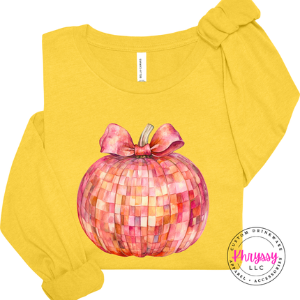 Heather Yellow Gold long sleeve tee with the pink mosaic disco pumpkin design