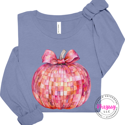 Lavender Blue long sleeve tee with the coquette disco pumpkin fall print