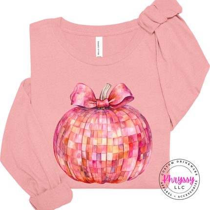 Pink colored tee with a glam disco pumpkin and watercolor bow design.