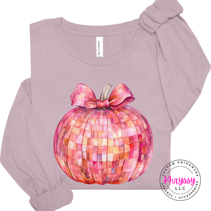 Light Violet long sleeve tee with the sparkly pink pumpkin with bow graphic