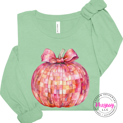 Mint long sleeve tee with the disco ball pumpkin with pink bow graphic