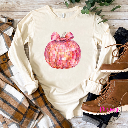 Natural long sleeve tee with the pink mosaic disco pumpkin design