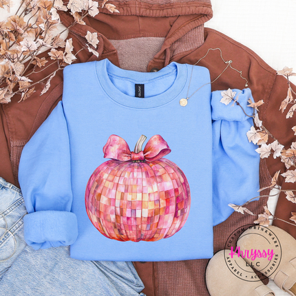 Light Blue crewneck sweatshirt with the disco ball pumpkin with pink bow graphic