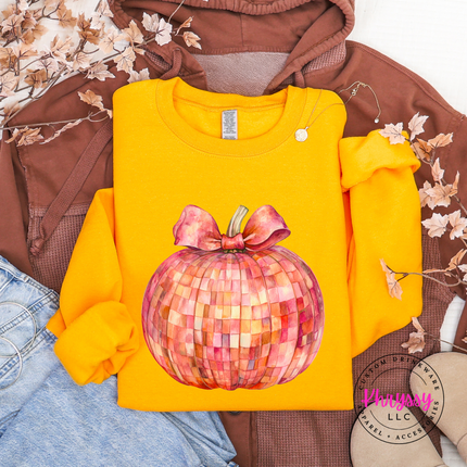 Gold crewneck sweatshirt with the coquette disco pumpkin fall print