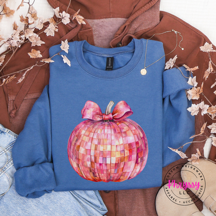 Indigo Blue crewneck sweatshirt with the sparkly pink pumpkin with bow graphic