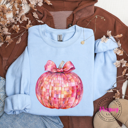 Light Blue crewneck sweatshirt with the disco ball pumpkin with pink bow graphic