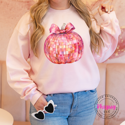 Light Pink crewneck sweatshirt with a hand-illustrated glam pumpkin graphic.
