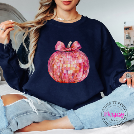 Navy crewneck sweatshirt with the pink mosaic disco pumpkin design