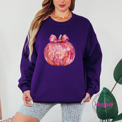 Purple crewneck sweatshirt with the coquette disco pumpkin fall print