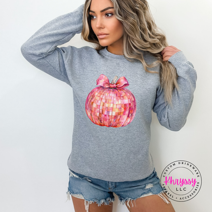 Sport Grey crewneck sweatshirt with the disco ball pumpkin with pink bow graphic