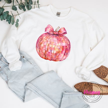 White crewneck sweatshirt with the pink mosaic disco pumpkin design