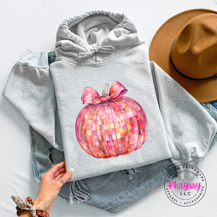 Ash hoodie with the disco ball pumpkin with pink bow graphic