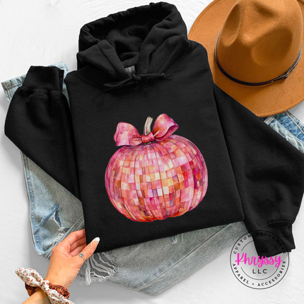 Black hoodie with the pink mosaic disco pumpkin design