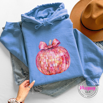Carolina Blue hoodie with the coquette disco pumpkin fall print