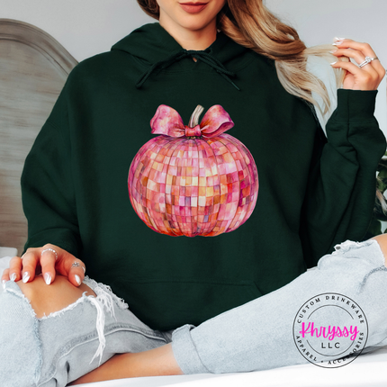 Forest hoodie with the sparkly pink pumpkin with bow graphic