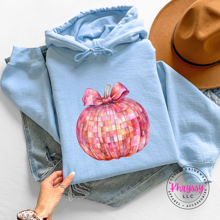 Light Blue hoodie with the disco ball pumpkin with pink bow graphic