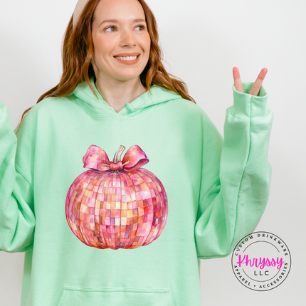 Mint Green hoodie with the pink mosaic disco pumpkin design