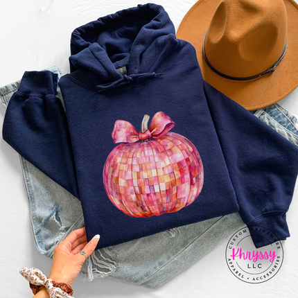 Navy hoodie with the coquette disco pumpkin fall print