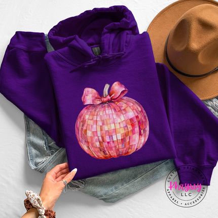 Purple hoodie with the sparkly pink pumpkin with bow graphic