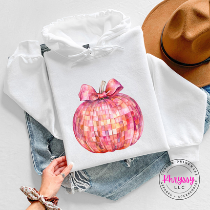 White hoodie with the pink mosaic disco pumpkin design