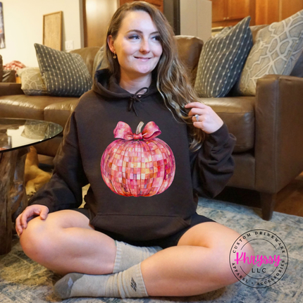 Dark Chocolate hoodie featuring a pink mosaic pumpkin with a watercolor bow.