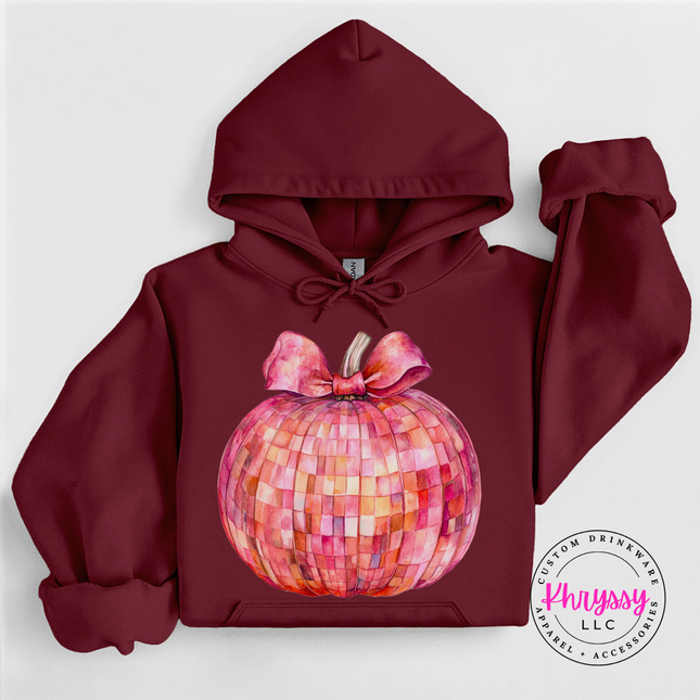 Garnet pullover hoodie with a hand-illustrated glam pumpkin graphic print.