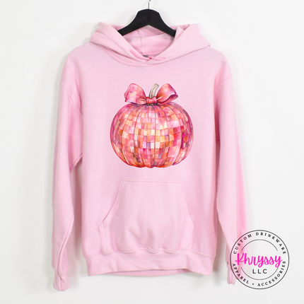 Light Pink hoodie featuring a pink mosaic disco pumpkin illustration.