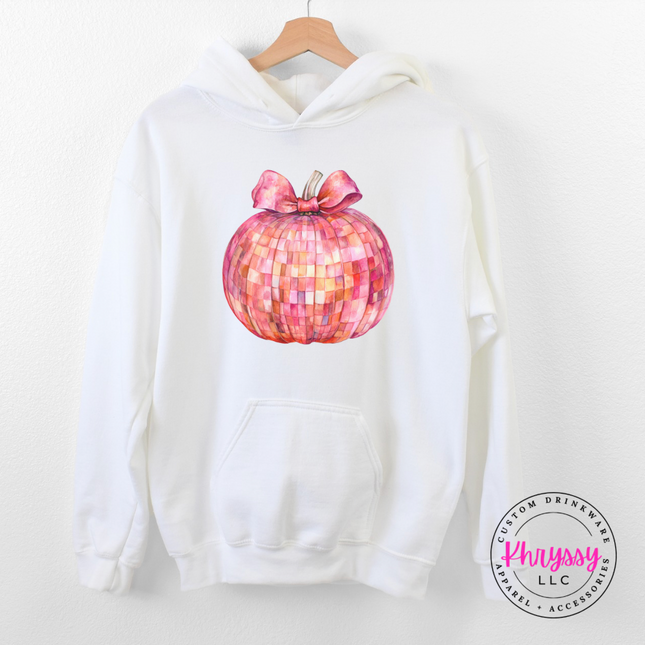 White pullover hoodie with a glam pink disco pumpkin design.