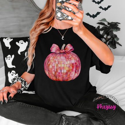 Black tee with the disco ball pumpkin with pink bow graphic