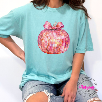 Chalky Mint tee with the coquette disco pumpkin fall print