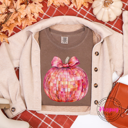 Espresso tee with a hand-illustrated disco pumpkin and watercolor bow design.