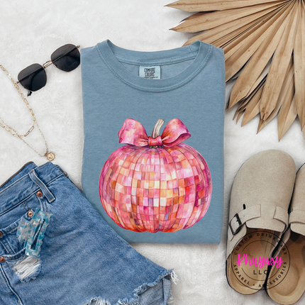 Ice Blue tee with the disco ball pumpkin with pink bow graphic