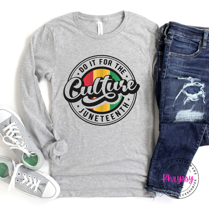 Athletic heather long sleeve tee with a black Do It For The Culture Juneteenth badge.
