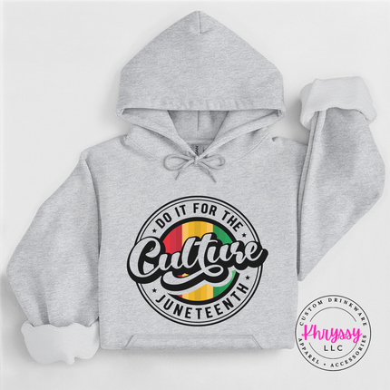 Ash grey hoodie with a black Do It For The Culture Juneteenth badge design.