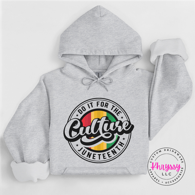 Ash grey hoodie with a black Do It For The Culture Juneteenth badge design.