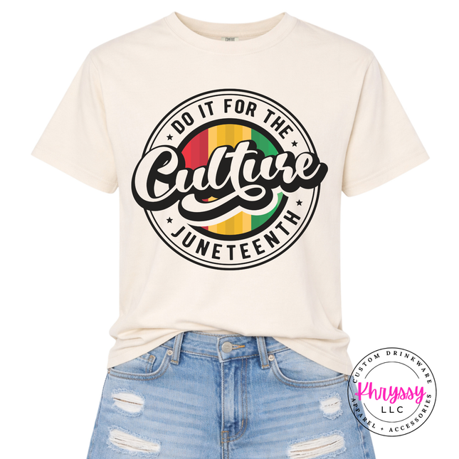 Ivory pigment-dyed tee featuring a bold Juneteenth culture circle design in black.