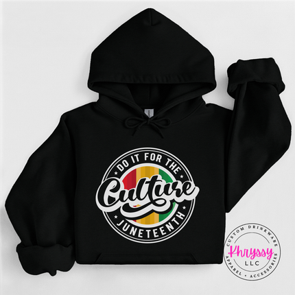 Black hoodie featuring a white Juneteenth culture circle graphic with color center.