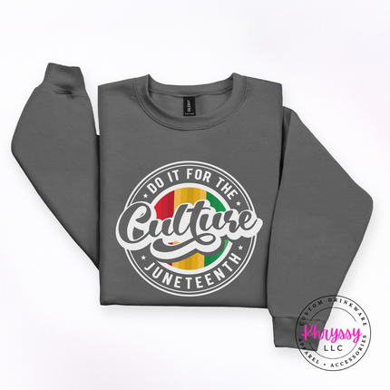 Charcoal crewneck sweatshirt featuring a white Juneteenth culture circle graphic.