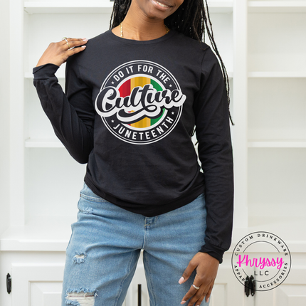 Black long sleeve tee featuring a white Juneteenth culture circle 