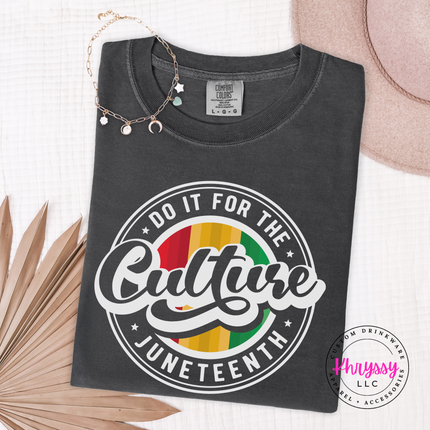 Pepper charcoal tee showing a white retro Juneteenth do it for the culture graphic.