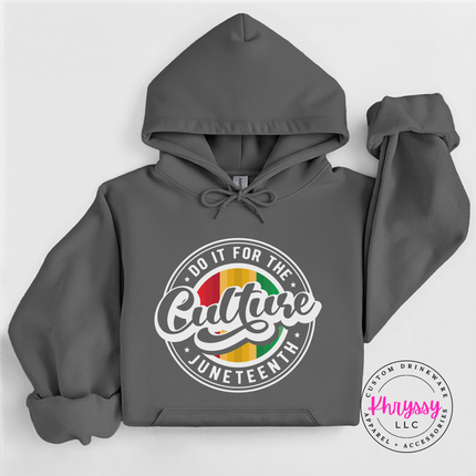 Charcoal hoodie showing a white retro do it for the culture Juneteenth design.