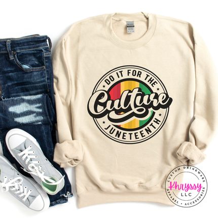 Sand crewneck sweatshirt with a black Juneteenth heritage badge and color center.