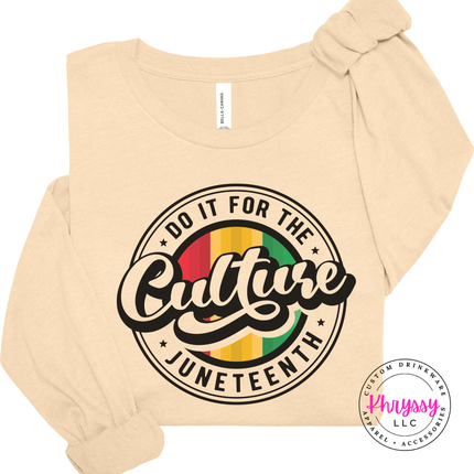 Soft cream long sleeve tee with a black Juneteenth heritage badge design.