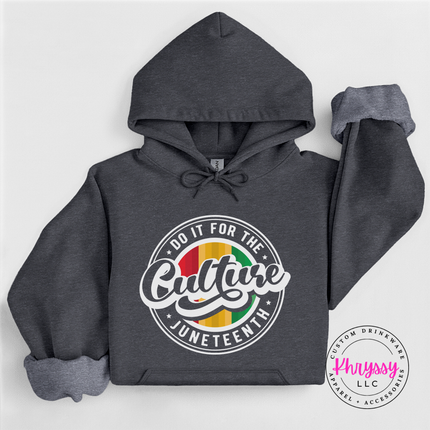 Dark heather hoodie with a white Juneteenth heritage badge print.