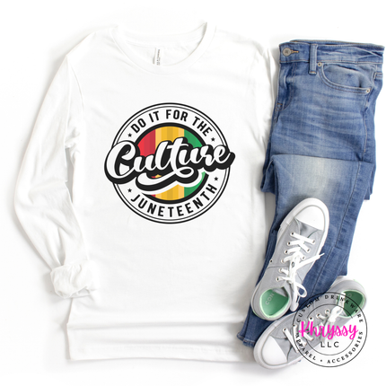 White long sleeve tee with a white do it for the culture Juneteenth print.