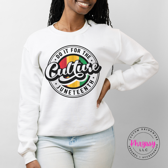 White crewneck sweatshirt with a black do it for the culture Juneteenth print.