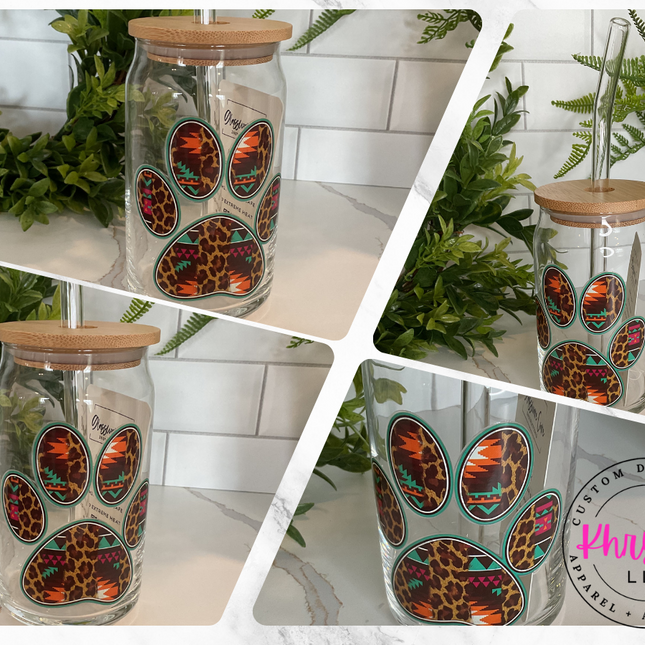 Pawfect Aztec Paw Print: 16oz Libbey Glass with Straw