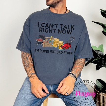 Grill, toolbox, beer mugs, and mower with “Doing Hot Dad Stuff” slogan